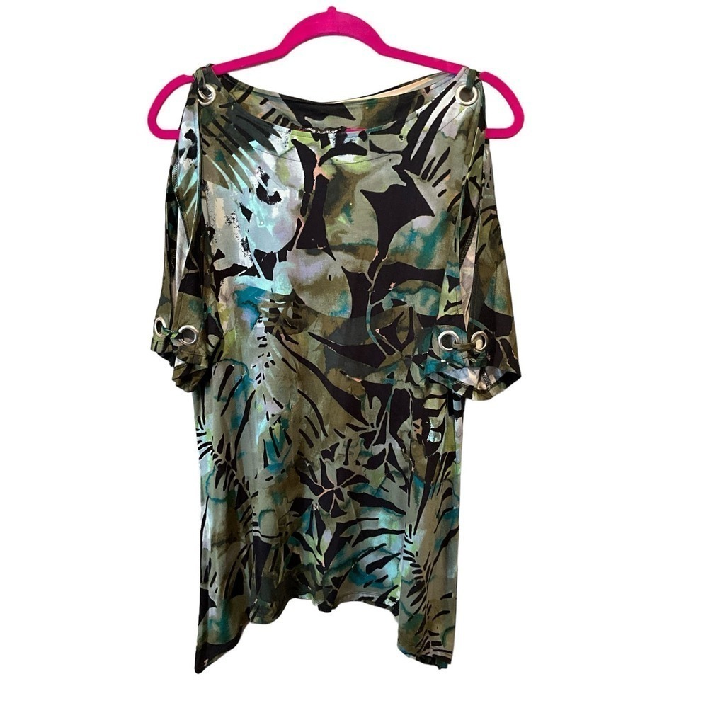 Cable & Gauge Blouse Top Women SZ M Multicolor Cold Shoulder 3/4 Sleeve Pullover